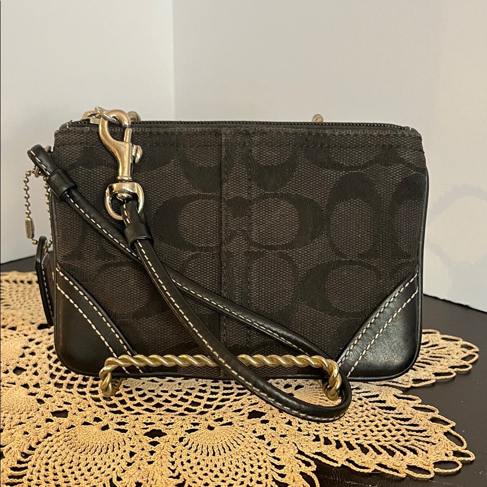 Coach Black Signature Wristlet with Silver tone Accents